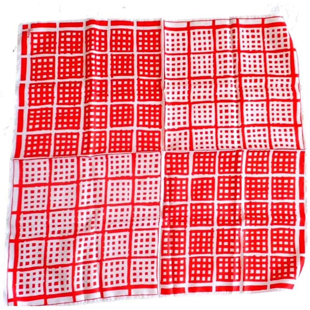 Uena Silky Red & White Polka Dot Geo Print 25" x 25" Square Scarf Made in Japan